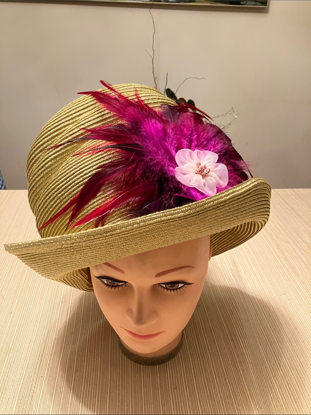 Straw Fedora Hat with Fuchsia Feather and Pink Flower Accent